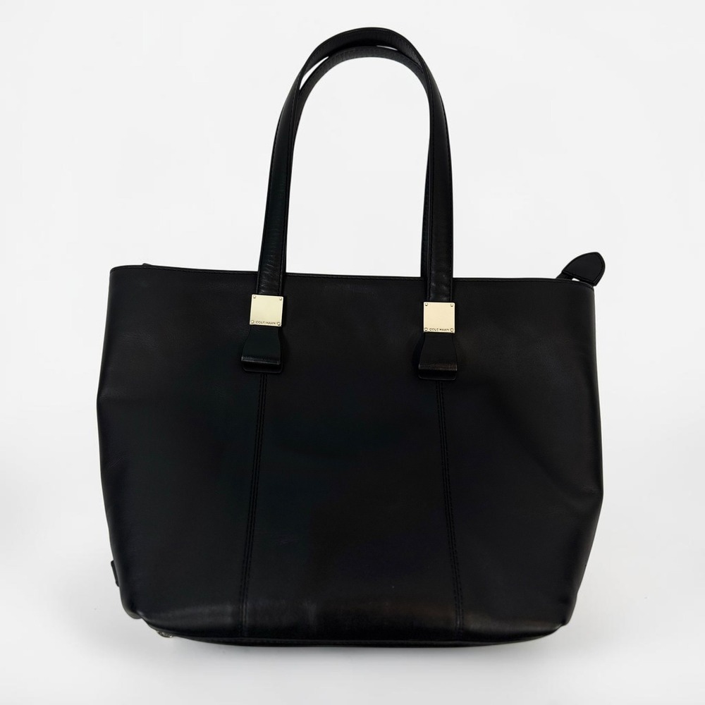 Cole Haan Black Leather Tote Bag New Gold Hardware Zip Top Handbag - Picture 6 of 9